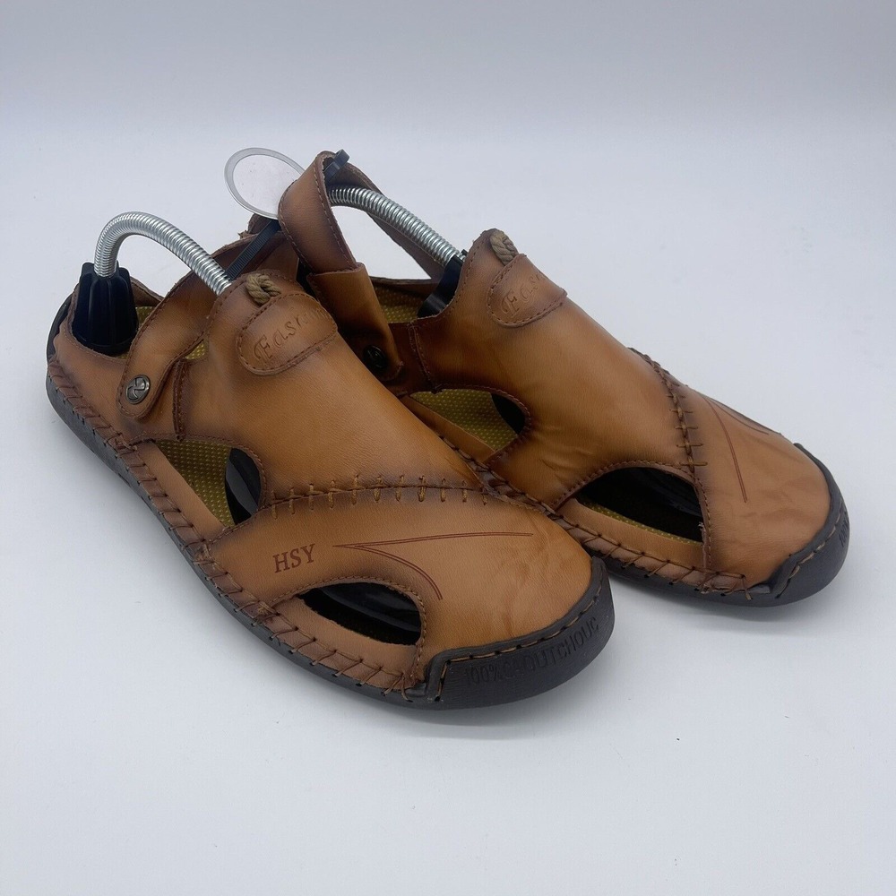 HSY Fashion Mens Brown Leather Closed Toe Fisherman Sandals Convertible Strap
